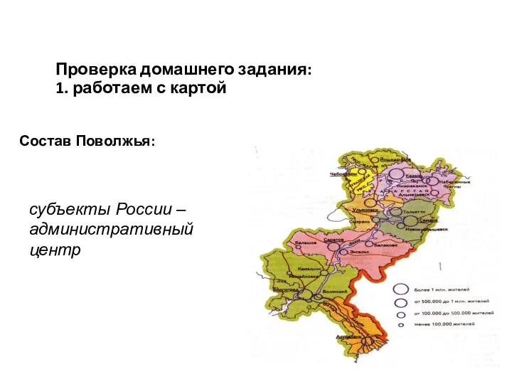 Проверка домашнего задания: 1. работаем с картой Состав Поволжья: субъекты России – административный центр