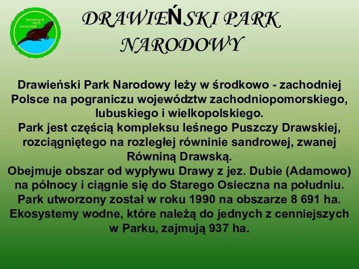 DRAWIEŃSKI PARK NARODOWY Drawieński Park Narodowy leży w środkowo -