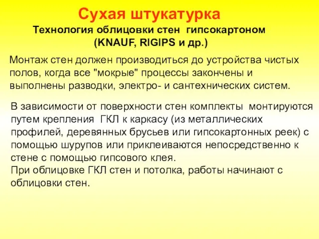 Сухая штукатурка Технология облицовки стен гипсокартоном (KNAUF, RIGIPS и др.)