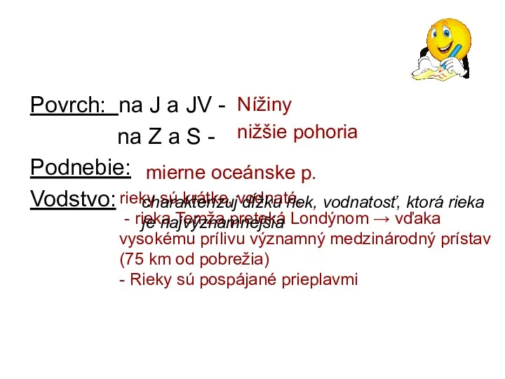 Povrch: na J a JV - na Z a S - Podnebie: Vodstvo: