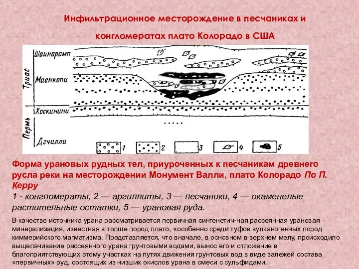 Форма урановых рудных тел, приуроченных к песчаникам древнего русла реки