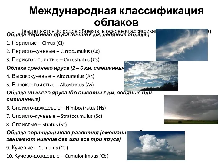 Международная классификация облаков (выделяются 10 родов облаков, в основе классификации