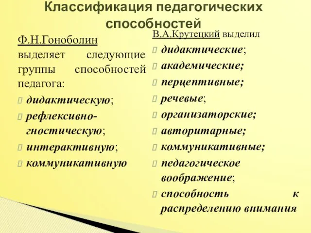 Ф.Н.Гоноболин выделяет следующие группы способностей педагога: дидактическую; рефлексивно-гностическую; интерактивную; коммуникативную