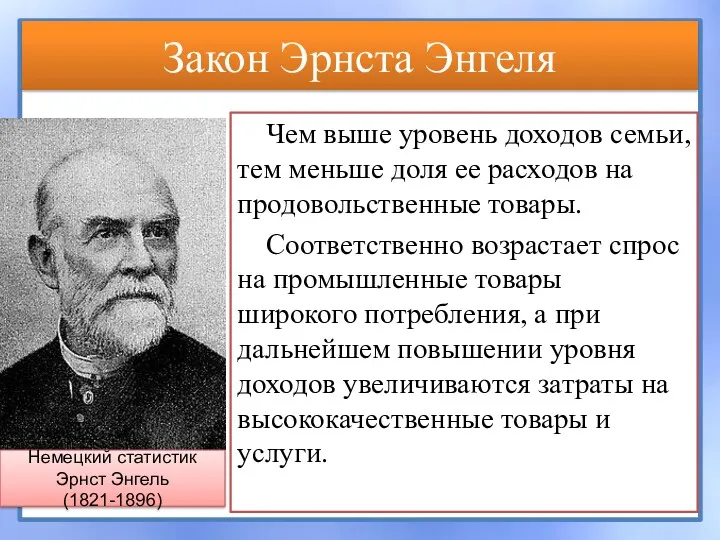 Закон Эрнста Энгеля Чем выше уровень доходов семьи, тем меньше