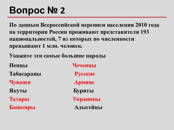 Вопрос № 2 По данным Всероссийской переписи населения 2010 года