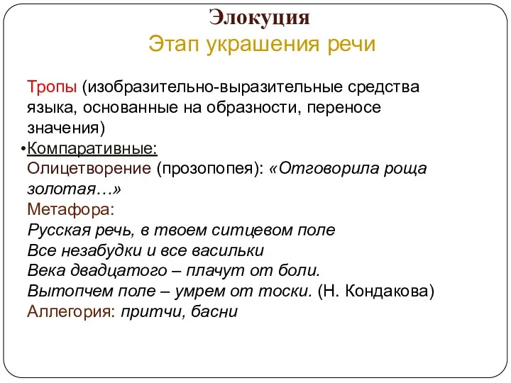 Элокуция Этап украшения речи Тропы (изобразительно-выразительные средства языка, основанные на