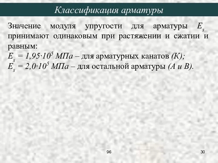 Значение модуля упругости для арматуры Es принимают одинаковым при растяжении