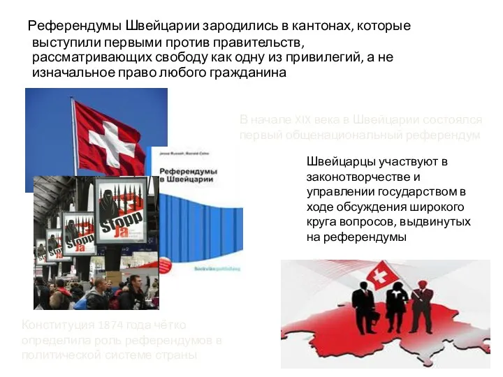 Референдумы Швейцарии зародились в кантонах, которые выступили первыми против правительств, рассматривающих свободу как