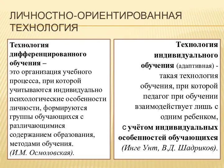 ЛИЧНОСТНО-ОРИЕНТИРОВАННАЯ ТЕХНОЛОГИЯ Технология дифференцированного обучения – это организация учебного процесса,