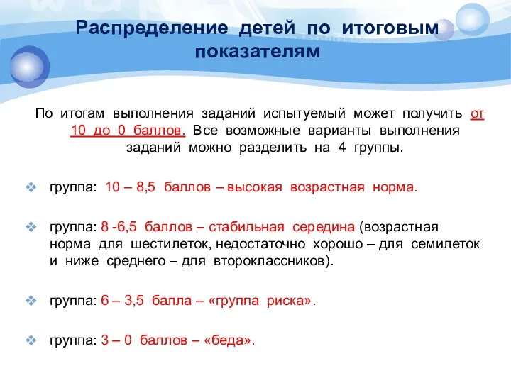 Распределение детей по итоговым показателям По итогам выполнения заданий испытуемый