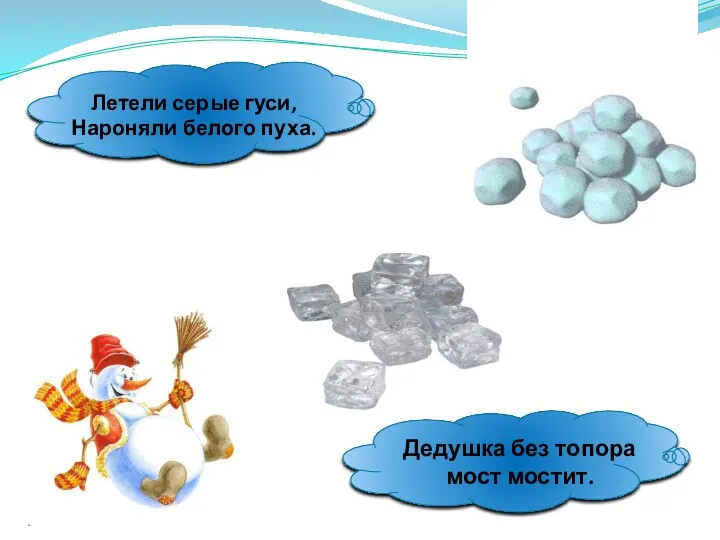 Летели серые гуси, Нароняли белого пуха. Дедушка без топора мост мостит.