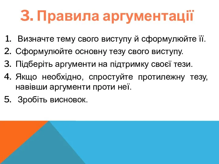 3. Правила аргументації Визначте тему свого виступу й сформулюйте її.