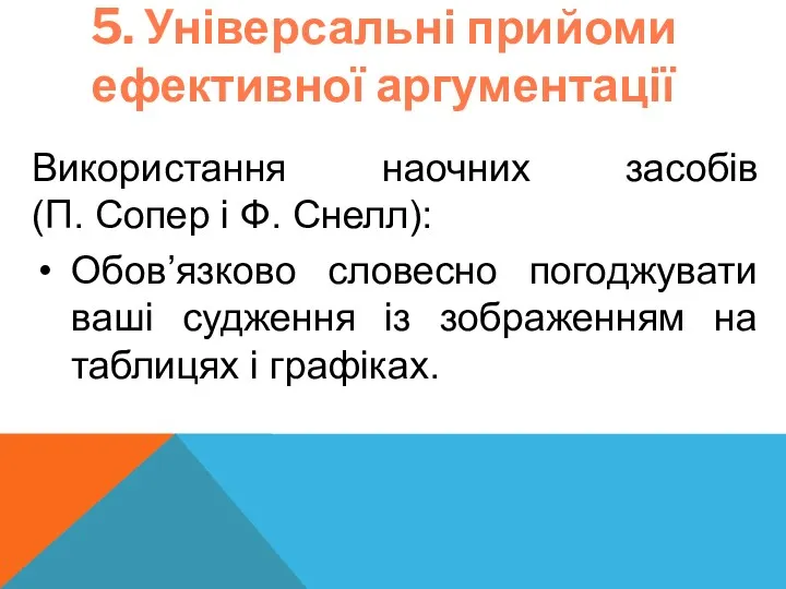 5. Універсальні прийоми ефективної аргументації Використання наочних засобів (П. Сопер