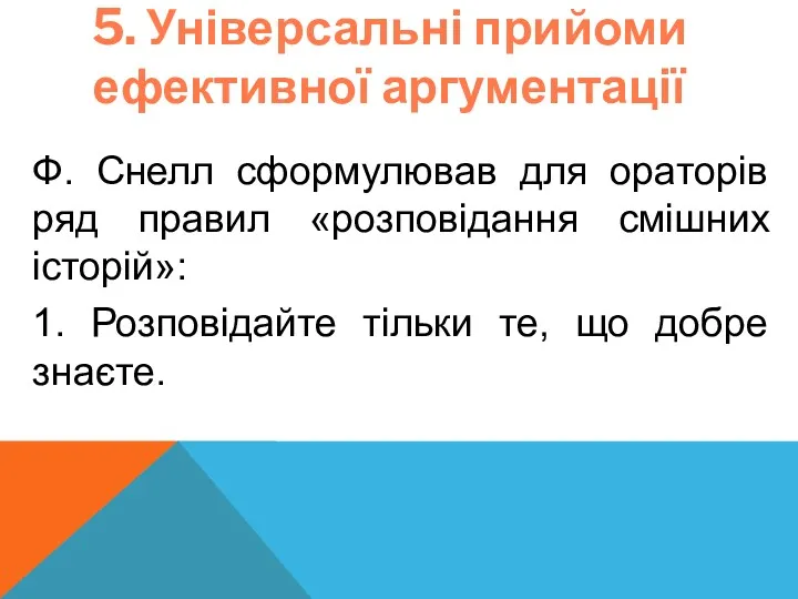 5. Універсальні прийоми ефективної аргументації Ф. Снелл сформулював для ораторів