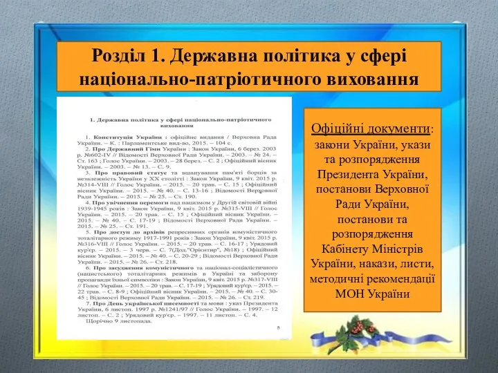 Розділ 1. Державна політика у сфері національно-патріотичного виховання Офіційні документи: