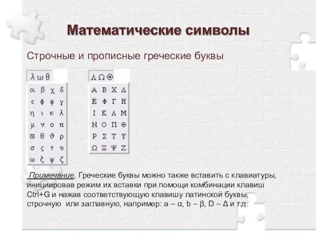 Строчные и прописные греческие буквы Примечание. Греческие буквы можно также вставить с клавиатуры,