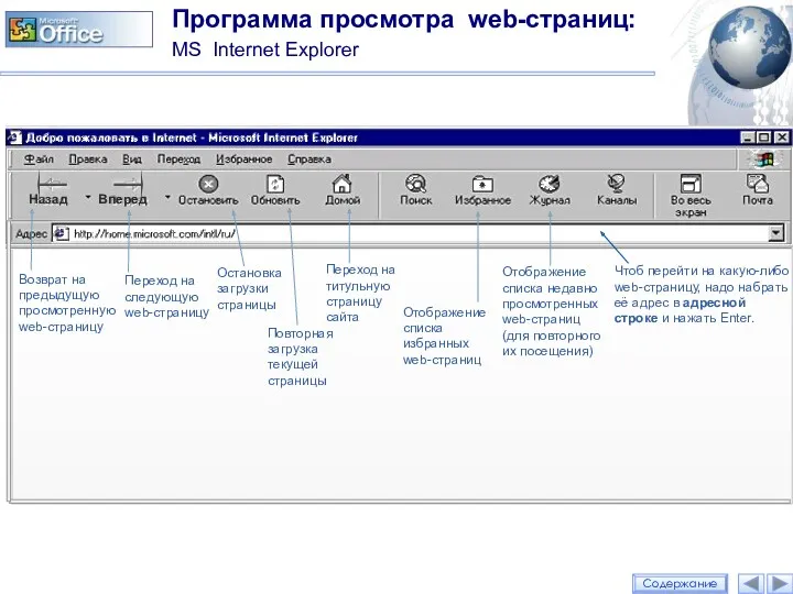 Программа просмотра web-страниц: MS Internet Explorer Чтоб перейти на какую-либо