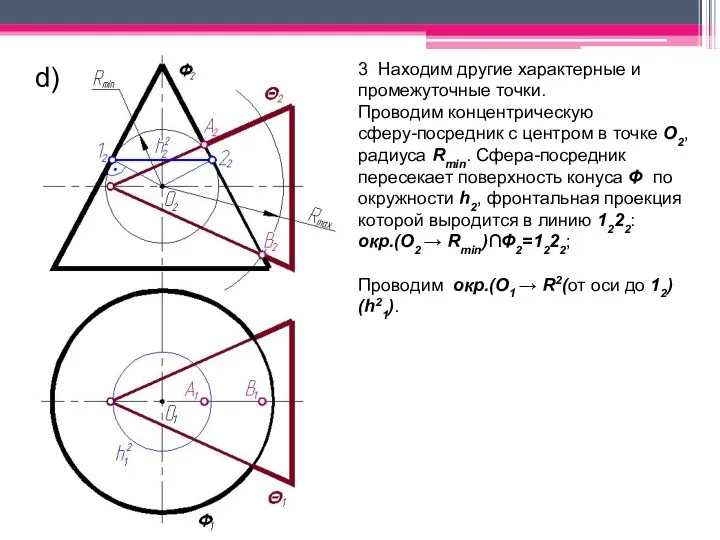 3 Находим другие характерные и промежуточные точки. Проводим концентрическую сферу-посредник