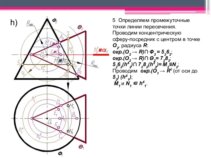 h) 5 Определяем промежуточные точки линии пересечения. Проводим концентрическую сферу-посредник