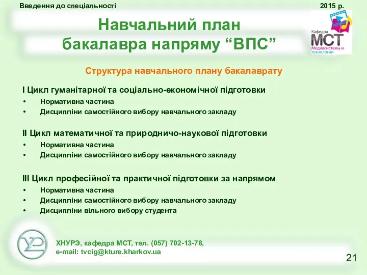 Навчальний план бакалавра напряму “ВПС” Структура навчального плану бакалаврату I