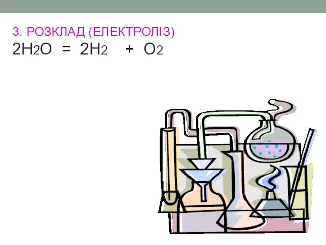 3. РОЗКЛАД (ЕЛЕКТРОЛІЗ) 2H2O = 2H2 ⁭ + O2 ⁭