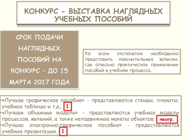 КОНКУРС - ВЫСТАВКА НАГЛЯДНЫХ УЧЕБНЫХ ПОСОБИЙ СРОК ПОДАЧИ НАГЛЯДНЫХ ПОСОБИЙ