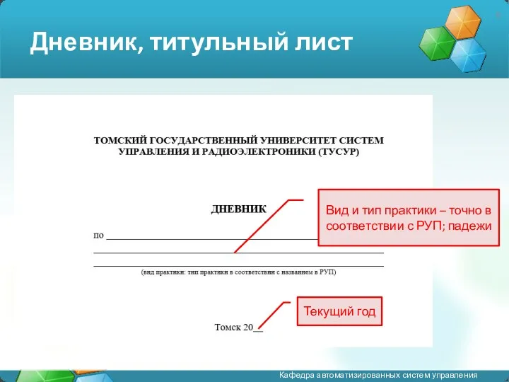 Дневник, титульный лист Вид и тип практики – точно в соответствии с РУП; падежи Текущий год