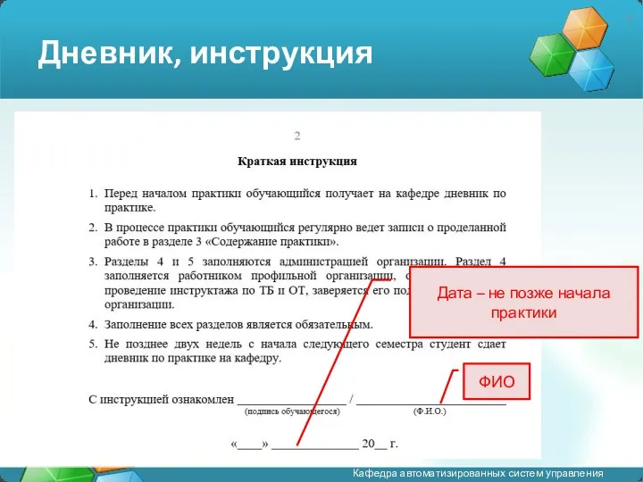 Дневник, инструкция ФИО Дата – не позже начала практики