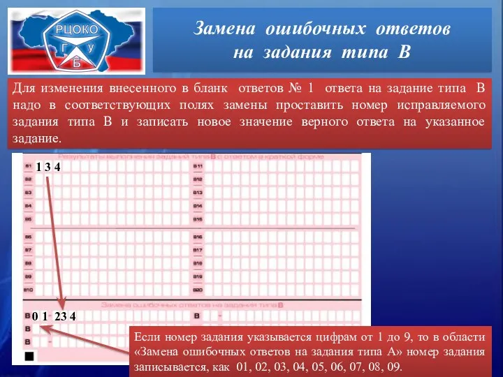 Замена ошибочных ответов на задания типа В Для изменения внесенного в бланк ответов