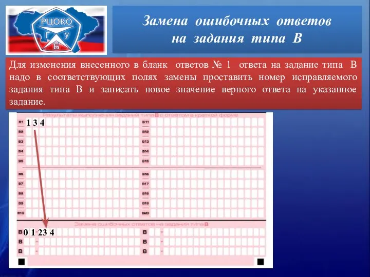 Замена ошибочных ответов на задания типа В Для изменения внесенного в бланк ответов