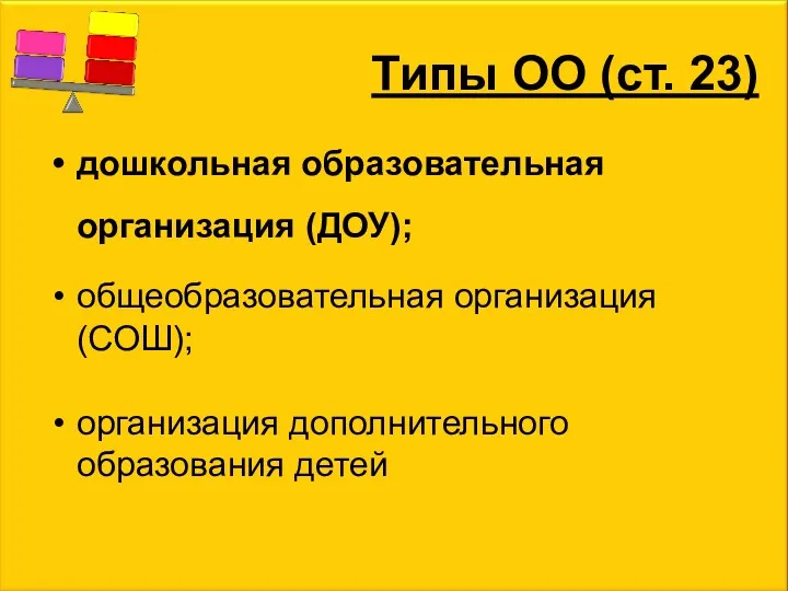 Типы ОО (ст. 23) дошкольная образовательная организация (ДОУ); общеобразовательная организация (СОШ); организация дополнительного образования детей