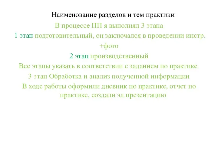 Наименование разделов и тем практики В процессе ПП я выполнял