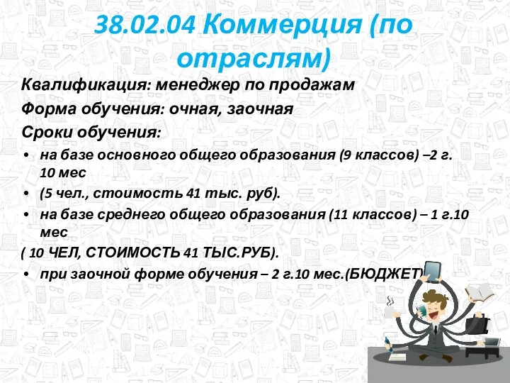 38.02.04 Коммерция (по отраслям) Квалификация: менеджер по продажам Форма обучения: