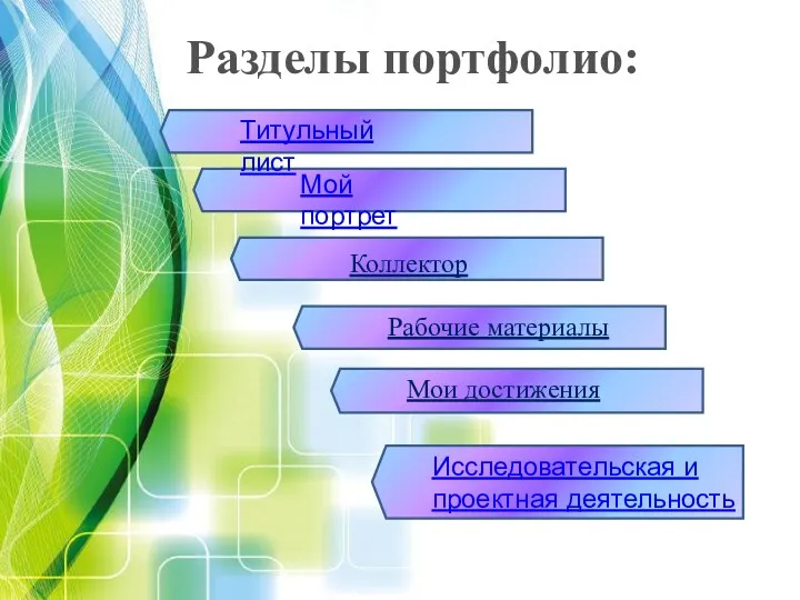 ё Разделы портфолио: Титульный лист Мой портрет Коллектор Рабочие материалы Мои достижения Исследовательская и проектная деятельность