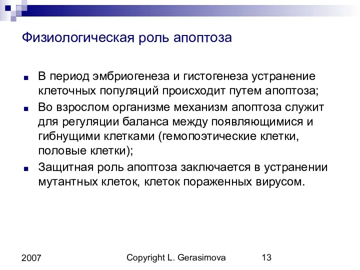Copyright L. Gerasimova 2007 Физиологическая роль апоптоза В период эмбриогенеза