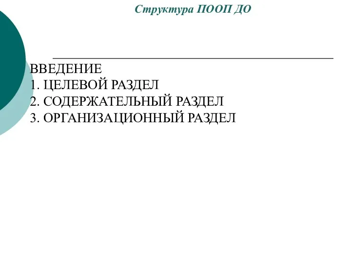 Структура ПООП ДО ВВЕДЕНИЕ 1. ЦЕЛЕВОЙ РАЗДЕЛ 2. СОДЕРЖАТЕЛЬНЫЙ РАЗДЕЛ 3. ОРГАНИЗАЦИОННЫЙ РАЗДЕЛ