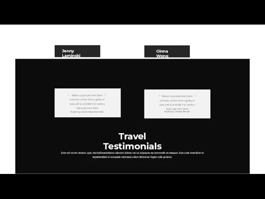 Travel Testimonials Enim ad minim veniam, quis nostrud exercitation ullamco