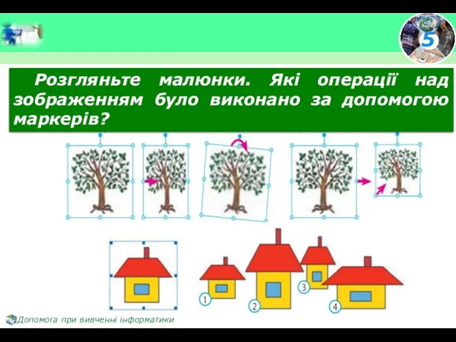 Розгляньте малюнки. Які операції над зображенням було виконано за допомогою маркерів?