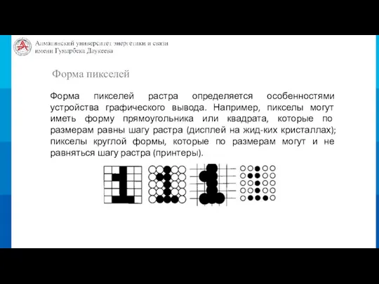 Форма пикселей Форма пикселей растра определяется особенностями устройства графического вывода.