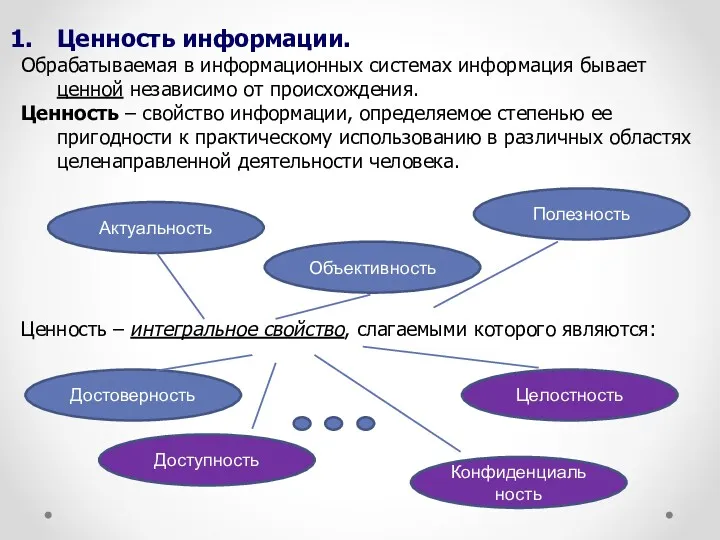 Ценность информации. Обрабаты­ваемая в информационных системах информация бывает ценной независимо