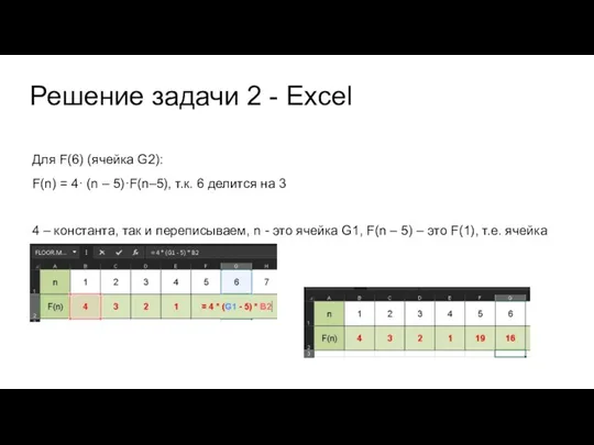 Решение задачи 2 - Excel Для F(6) (ячейка G2): F(n)