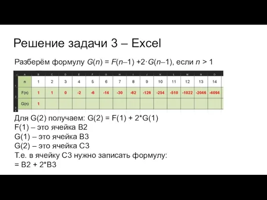 Решение задачи 3 – Excel Разберём формулу G(n) = F(n–1)