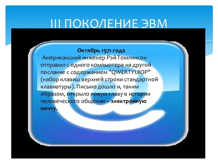 III ПОКОЛЕНИЕ ЭВМ Октябрь 1971 года Американский инженер Рэй Томлинсон