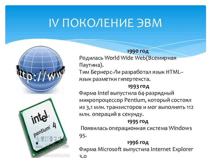 IV ПОКОЛЕНИЕ ЭВМ 1990 год Родилась World Wide Web(Всемирная Паутина).