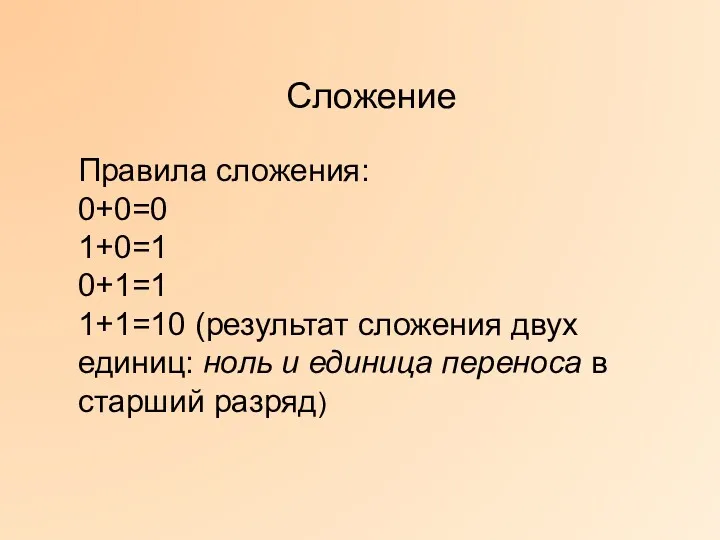 Правила сложения: 0+0=0 1+0=1 0+1=1 1+1=10 (результат сложения двух единиц: