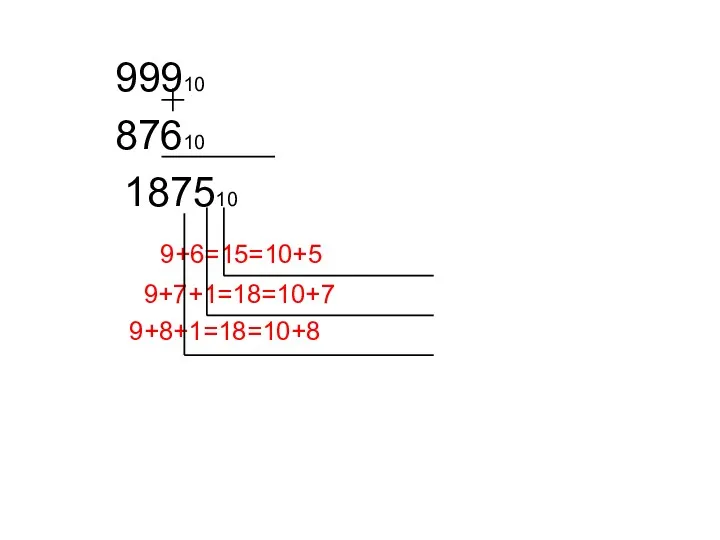 99910 87610 187510 9+6=15=10+5 9+7+1=18=10+7 9+8+1=18=10+8