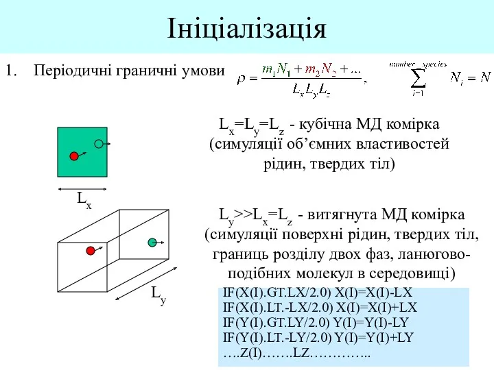 Ініціалізація Періодичні граничні умови Lx Lx=Ly=Lz - кубічна МД комірка