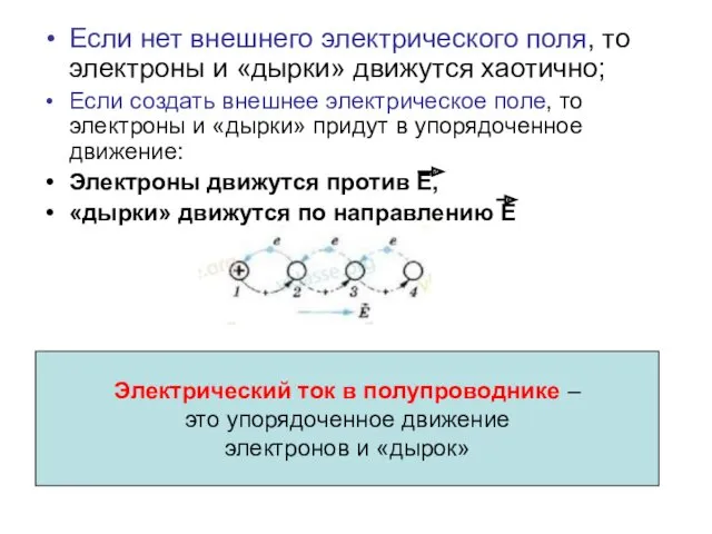 Если нет внешнего электрического поля, то электроны и «дырки» движутся