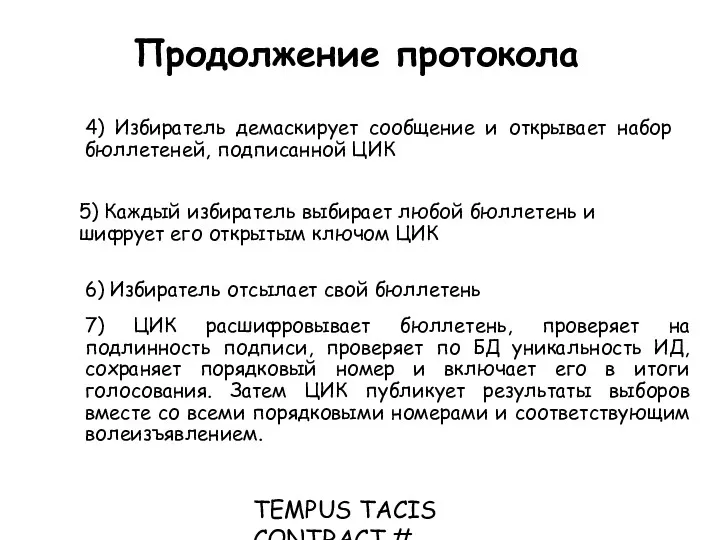 TEMPUS TACIS CONTRACT # CD_JEP_22077_2001 Продолжение протокола 4) Избиратель демаскирует