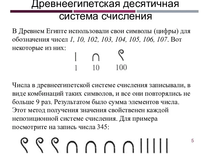 Древнеегипетская десятичная система счисления В Древнем Египте использовали свои символы